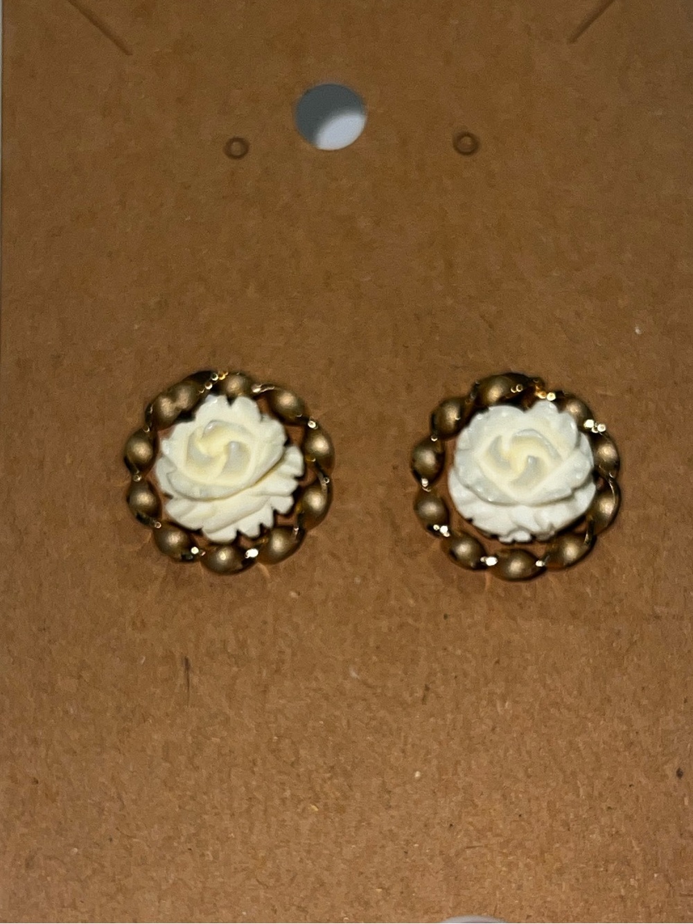 Vintage Gold Tone & Cream Porcelain Rose Clip-on Earrings - Gently Used